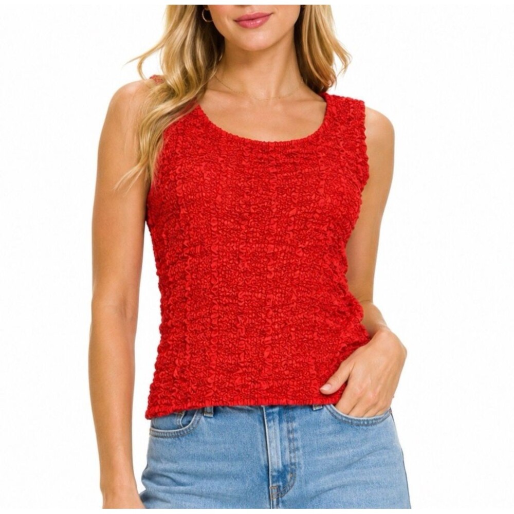 Y2K Cherry Red Popcorn Top Magic Crinkle Bubble Stretchy Blouse Small Vtg  90’s
